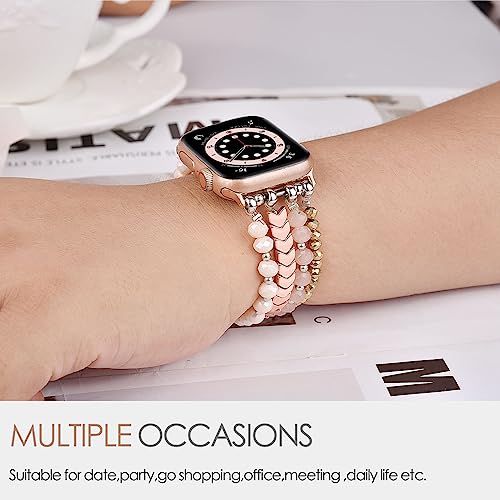 Image of MOFREE Beaded Bracelet Compatible with Apple Watch Band 38mm /40mm /41mm /42mm, Fashion Elastic Stretch Women Bands for iWatch Series 11 /10 /9 /8 /7 /SE /6 /5 /4 /3 /2 /1 iPhone Watch Strap Bands Pink