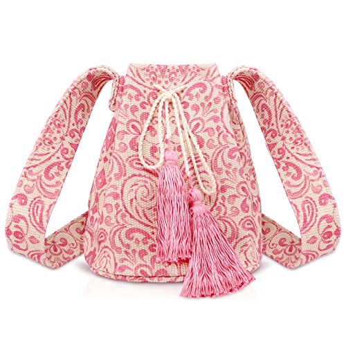 Canvas Crossbody Bags for Women, Tassels Drawstring Bucket Bag, Bohemian Pink Floral Pattern Handbag, Large Capacity Travel Shoulder Bag