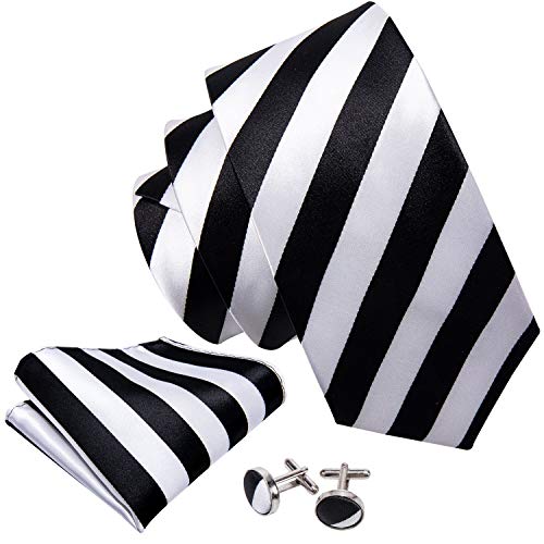 Image of Barry.Wang Man Stripe Ties Set Silk Woven Pocket Square Necktie Cufflinks Formal Party Business