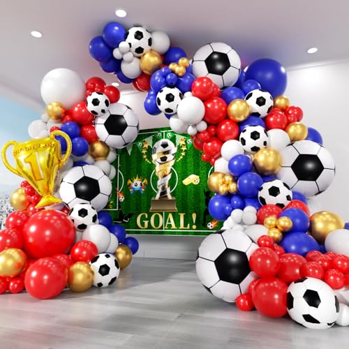 Image of Soccer Party Decorations 161Pcs, Soccer Balloon Garland Arch Kit with Backdrop Banner 18'' Football Foil Balloons, Blue Red Gold White Balloons for Boys Sports Fan Birthday Soccer Party Decor
