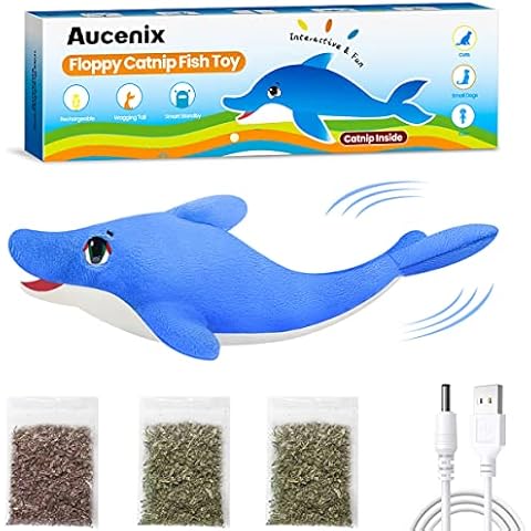 Aucenix Floppy Fish Cat Catnip Toys, Flapping Interactive Electric Kitten Toy for Indoor Cats, Moving Fish Kicker Toy Realistic with USB Charger, Simulation Automatically Wagging Tail for Kitty Chew Cover