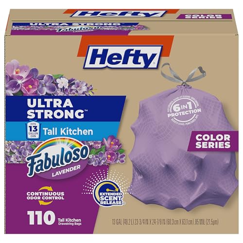 Image of Hefty Ultra Strong 13 Gallon Trash Bags, Tall Kitchen Trash Bags 13 Gallon Size, Resist Leaks, Punctures, and Rips, Continuous Odor Control, Purple, Fabuloso Scent, 110 Bags