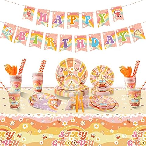 Aoerfes Groovy Party Decorations Serves 20, Hippie Plates for 60s 70s Themed Banners Tablecloth Daisy Flower Retro Rainbow Party Tableware Orange Cover