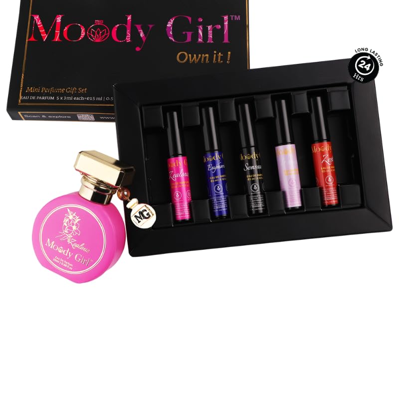 Moody Girl Zealous Luxury Perfume 20ml + Pocket Perfume Gift Set Pack of 5 (3ml each) Vanilla, Gourmand, Nuts & Caramel Musky 24hr Long Lasting Fragrance Ideal for Gifting to Women & Girls