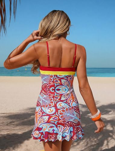Image of ZAFUL Colorblock Bandeau Tankini Swimsuits for Women 2 Piece Tummy Control Bathing Suit Drawstring Ruffle Swim Skort