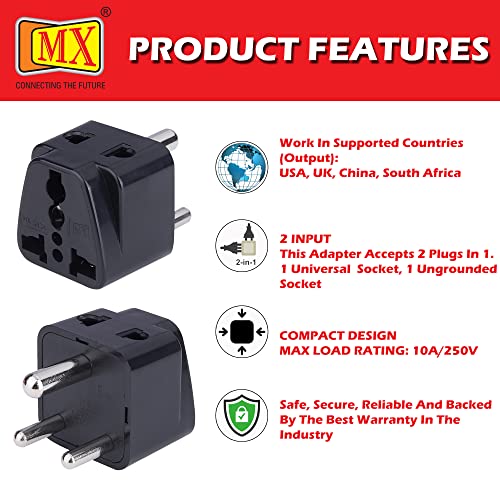Image of MX Universal Travel Adapter Type D - Pack of 5 2‑in‑1 Conversion Plugs for India, USA, UK, China & World - Black