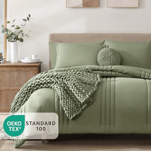 Image of Monbix Full Size Comforter Set - 7 Pieces Sage Bed in a Bag Full Size Bedding Sets with Comforters, All Seasons Comforter Bed Set with Sheets, Pillowcases & Shams