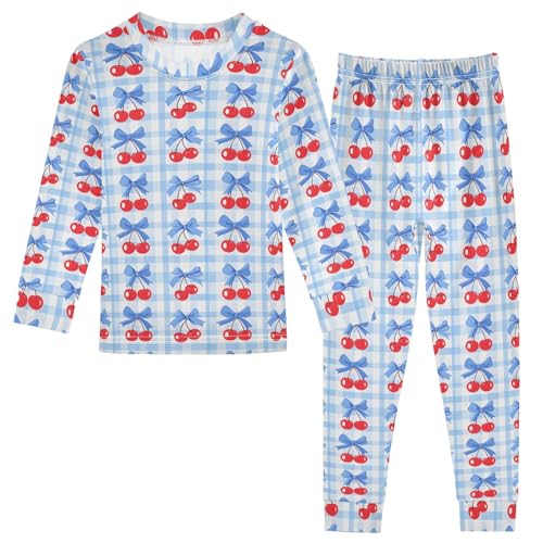 ALAZA Cherry Blue Bow Plaid 2 Piece Pajama Set Long Sleeve Top and Pants Sleepwear Unisex
