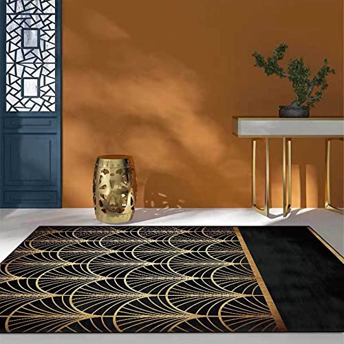 makeups69 In- & Outdoor Teppich kurzflor rutschfest,Vintage schwarzgoldene Fächerform, waschbarer Teppich Junge mädchen… – Bild 3