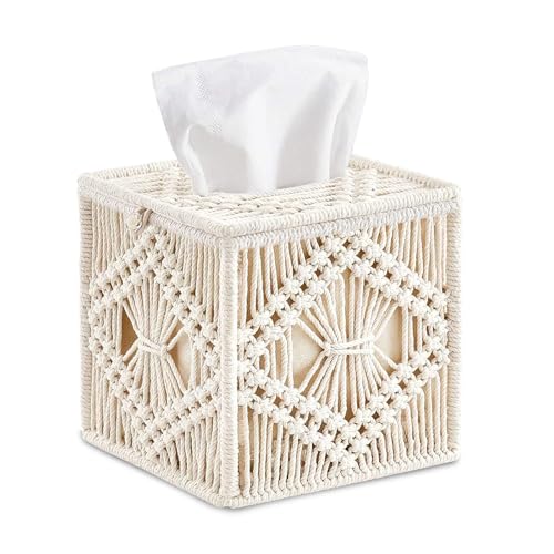 MEETOZ Tissue Box Cover Square Woven Macrame Napkin Facial Paper Organizer Boho Decor Tissues Holder for Bathroom Bedroom Dresser Living Room Office