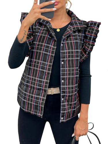 Tankaneo Womens Plaid Puffer Vests Ruffle Sleeveless Lightweight Quilted Vest Fall Winter Padded Gilets Coats - image 1