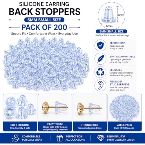 Image of Small Earring Back Stopper (200 Pcs) - Secure Earring Backs for Studs, Earrings Back Stopper, Silicone Earring Back Stopper, Earring Safety Backs & Ear Lobe Support