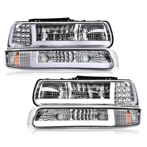 CNNELL LED Headlights Assembly Compatible with Chevy Silverado 1999-2002/Fit Suburban Tahoe 2000-2006 Clear Lens Chrome Housing Amber Reflector Front Lamps Left Diver & Right Passenger Side Set