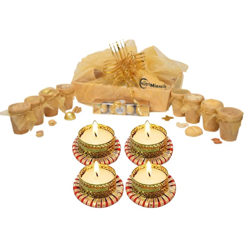 Image of NUTRI MIRACLE Festive Edible Cups Dry Fruits Chocolate Nuts Hamper with Diya | Family Friends Gift Pack