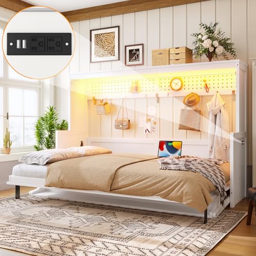 Image of KEIKI Full Size Horizontal Cabinet Murphy Bed with Desk, Solid Slats, White