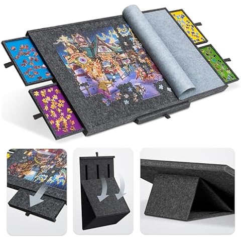 Tektalk Jigsaw Puzzle Table with Integrated Adjustable Stand/Bracket, 3-Tilting-Angle Puzzle Plateau with Cover & 4 Sorting Drawers, Super Lightweight Felt Puzzle Board, for Up to 1500 Pieces - Gray Cover