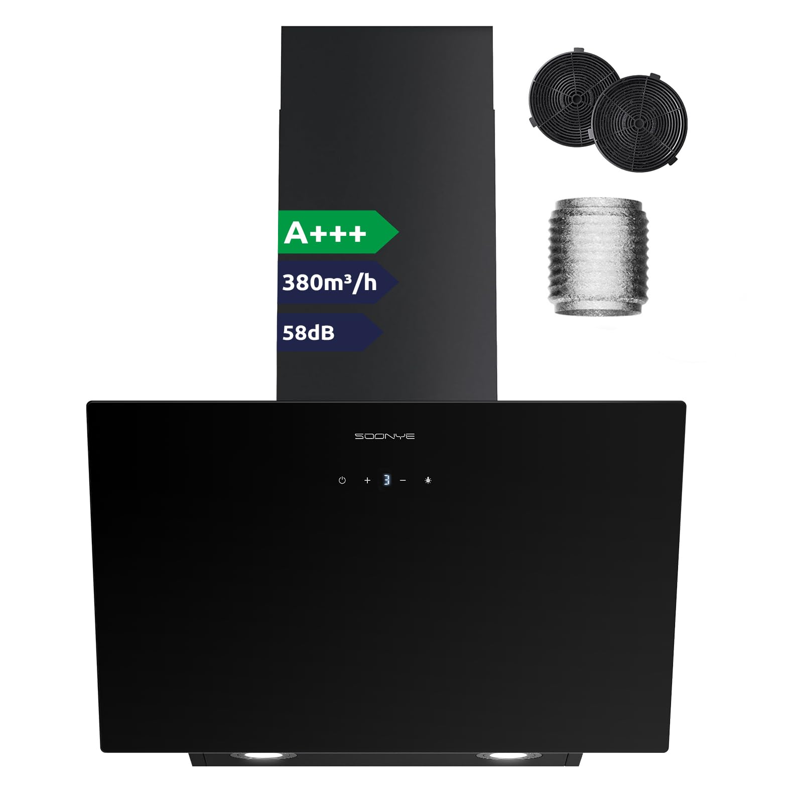 Hotte Aspirante Inclinée 60cm Classe A+++, Hotte de Cuisine 380m³/h, Écran Tactile LED,Filtres à Charbon Inclus,Hotte Murale Évacuation extérieure ou Recyclage,Noir