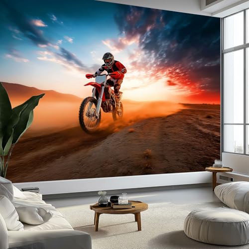 Papier Peint Intissé Photographie Coucher De Soleil Moto Tout-Terrain 350 x 256 cm Papier Peint Photo Panoramique, Orange Poster Mural Personnalisé pour...