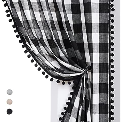 White Black Buffalo Check Pom-Pom Curtains Cover