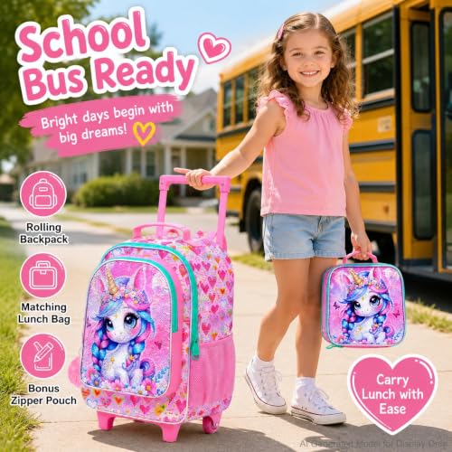Image of CCJPX 18 inch Unicorn Rolling Backpack for Girls, 3Pcs Kids Wheeled Bookbag with Lunch Box, Lightweight Roller School Bag for Elementary Preschool (Pink)