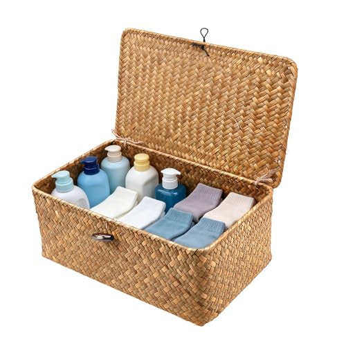 Panier de rangement en rotin tressé - Panier en jonc de mer avec couvercle - Cadre en métal robuste tressé à la main - Polyvalent comme paniers et boîte...