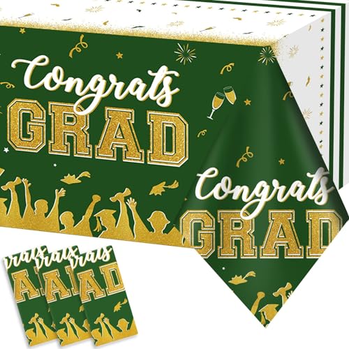 Image of chiazllta Set of 3 Graduation Tablecloths Class of 2026 Congrats Grad Green Graduation Party Tablecover Decorations Party Supplies Large Size Plastic 54 inchx108 inch(Green & Gold)