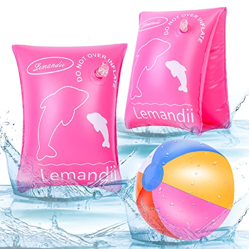 Herefun Brassard Piscine Enfant, Brassards de Natation + Ballon de Plage, Brassard Gonflable 1 2 3 Ans, Anneaux de Natation Aide à la flottabilité, Brassard Gonflable pour Bébé Enfants (Rose) Cover