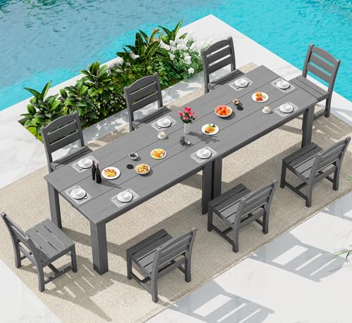 Image of SERWALL 59 inch Outdoor Dining Set for 8, HDPE Dining Set, Gray | Include 2 Rectangular Tables and 8 armless Chairs, All Weather Dining Sets for Garden, Backyard