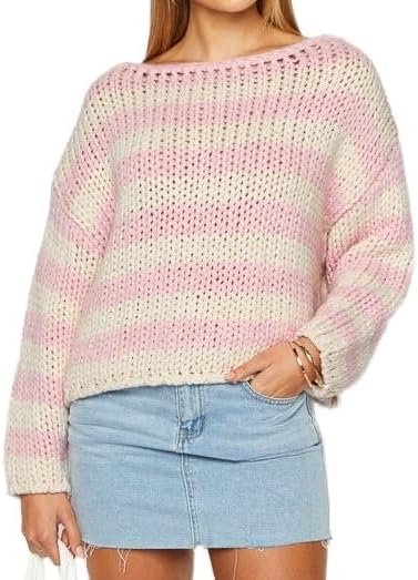 Women's Colorblock Long Sleeve Cute College Windsurfing Neck Knitted Striped Sweater
