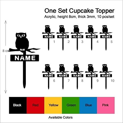 TA0489 Halloween Owl Silhouette Party Wedding Birthday Acrylic Cupcake Toppers Decor 10 pcs with Personalized Your Name