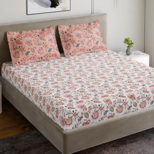 Image of Home Ecstasy 100% Cotton Jaipuri Bedsheet for King Bed, 140TC, 1 Bedsheet (Size 90 x 108 inches) with 2 Pillow Covers, White