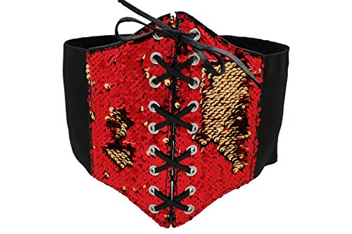 Women Wide Elastic Strap Corset Belt Bling High Waist Red Gold Sequins Fit Size S M3