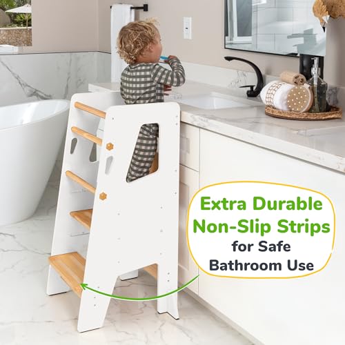 Toddler Standing Tower - Complete Toddler Kitchen Stool Helper - Ideal Kids Kitchen Step Stool for Learning New Skills - Updated Design with Safety Feet - White