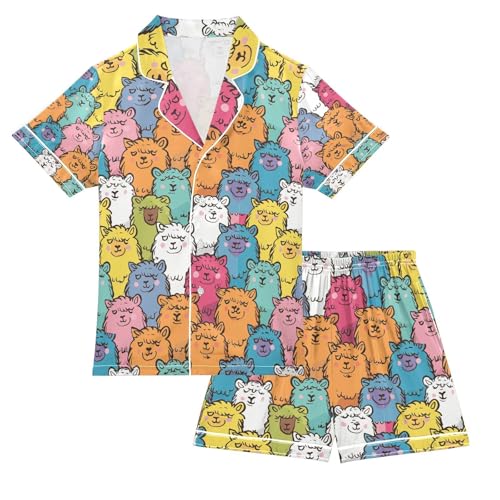 senya Color Alpaca Cute 1 Satin Summer Pajama Sets Silk Short Sleeve Button Down Sleepwear