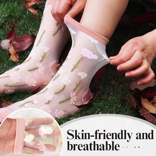 5 Pairs Sheer Socks Women - Lace Trouser Mesh Socks, Summer Ultrathin Crystal Glass Stocking, Sheer Ankle Transparent Fishnet Vintage High Mid Calf Sock for Girls Women Green Yellow Black White Pink4