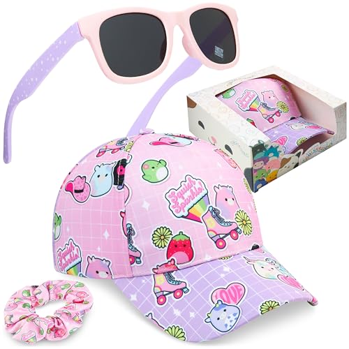 Get Trend Squishmallows Girls Baseball Cap Sunglasses & Scrunchie Set Adjustable Hat 100% UV Shades Holiday Accessories (Pink Squishmallows)