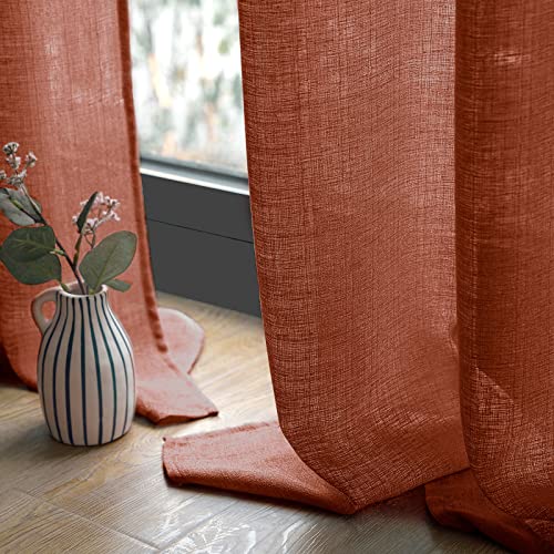 MIULEE 2er Set Voile Vorhang Sheer Leinenvorhang mit Ösen Transparente Unregelmäßige Textur Gardine Ösenschal Fensterschal Lichtdurchlässig für Schlafzimmer 245 x 140cm (H x B) Ziegelrot