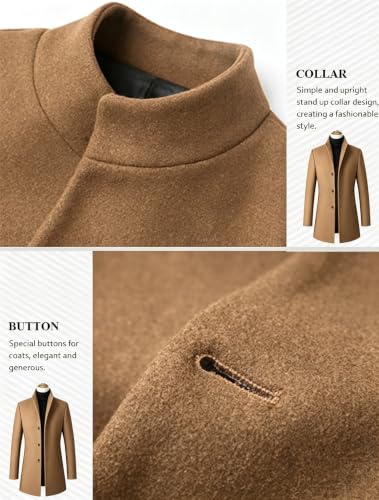 Image of FTCayanz Mens Trench Coat Wool Blend Single Breasted Overcoat | Stand Collar, Fall Slim Fit Top Coat, Winter Warm Coats for Men, Business Work Formal Casual Jacket, Daily Outwear