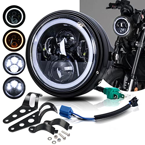 BWCarid 7 Inch LED Motorcycle Headlight Round DOT Approved With Housing Bucket Turn Signals DRL Halo Ring Angle Eyes Hi/Lo Beam Headlight w/Fork Clamp Bracket for H-arley Honda Yamaha Motorcycle
