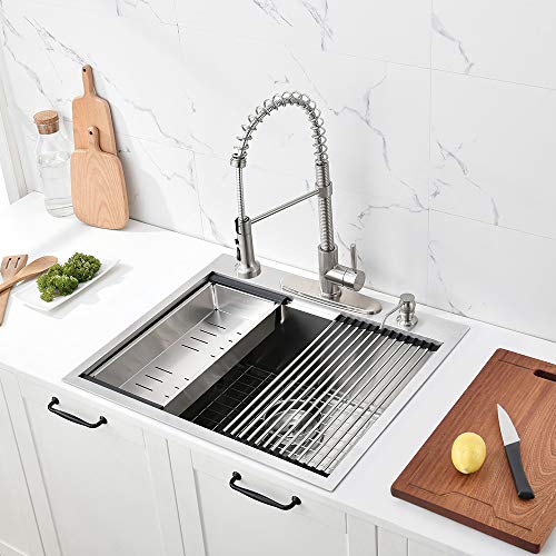25 Kitchen Sink Drop In- Bokaiya Kitchen Sink 25 x 22 Drop In Workstation Ledge 16 Gauge Single Bowl Topmount Utility Laundry Bar Prep Drop In Sink