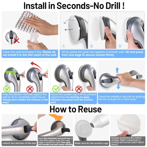 Image of 2PK Grab Bars for Shower Handle, Elderly Assistance Products Silver | Seniors Removable Bar Safety, Suction Cup for Bathtubs and Showers /Bathroom /Walls, Heavy Duty Handrails Grip, No Drilling