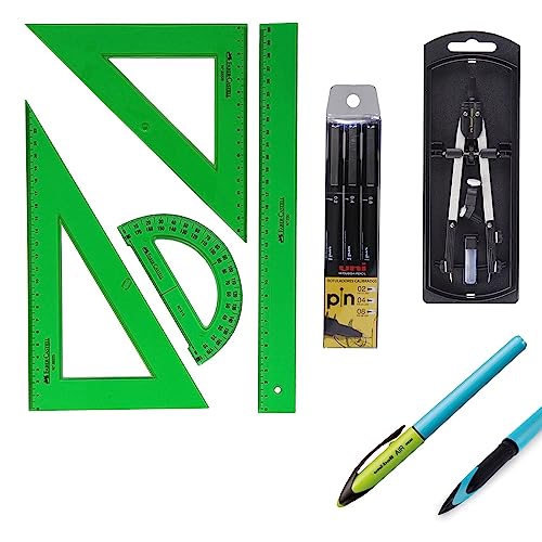 PACK escolar Uni Estuche 3 rotuladores calibrados Uni   0.2, 0.4, 0.8 mm + FC Juego Reglas Verdes 65021 escuadra, cartabón, regla, semicírculo + Bigotera Compás 32722 8 + REGALO