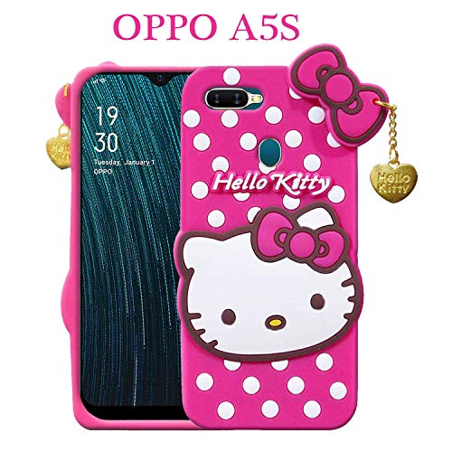 Image of Unirock Hello Kitty Back Case Cover for Oppo A5S| 3D Cute Hello Kitty Case |Soft Silicone Rubber Back Cover with Pendant Kitty Cover for Oppo A5S (Pink)
