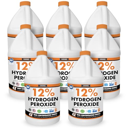 Chromex Hydrogen Peroxide 12 Percent Food Grade, 4X Power Concentrated Solution, Versatile Uses Include Topical Care, Home, Kitchen, Bath Cleaner, Laundry, Whitening, 8 Gallons, NSF Certified