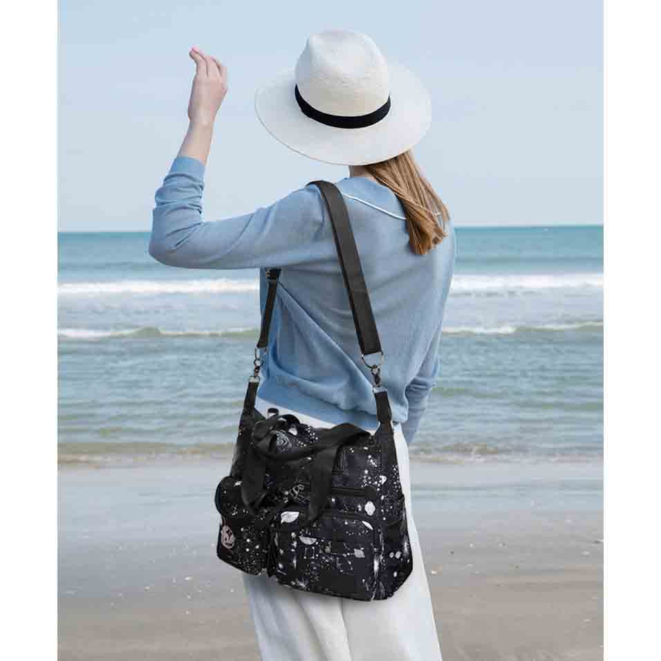 Women's Fashion Handbag Canvas One Shoulder Women's Bag Starry Sky Printing Casual Crossbody Bag (Black)