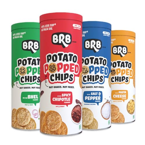 Image of BRB Popped Potato Chips | Not Baked, Not Fried | 4 Tubs X 85 Grams | 4 Flavours - Bhel, Spicy Chipotle, Salt & Pepper, Pasta Cheese | 60% Less Fat | Low Calorie | Healthy Snack