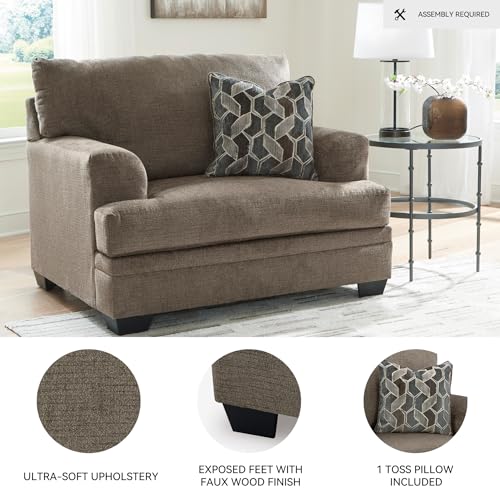 Image of Signature Design by Ashley Stonemeade Oversized Chair, Cozy Chair and a Half with Toss Pillow, Deep Seating Living Room Accent Armchair, Soft Chenille Fabric, Reversible Cushion, Nutmeg Taupe Brown