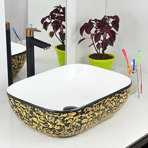 Reyal Imported Ceramic Tabletop Wash basin | Countertop Vessel Sink | Bathroom Wash Basin over counter(18 x 13 x 5.5 Inch) Glossy White (Golden Blossom) (B0C439SH88) Amazon Price History, Amazon Price Tracker