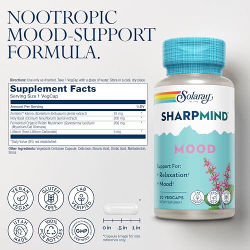 Image of SOLARAY SharpMind Mood Support Supplement, Nootropic for Relaxation and Emotional Well-Being, Zembrin, Holy Basil, Lithium 5mg, Organic Reishi Mushroom, 60 Day Guarantee, 30 Servings, 30 VegCaps