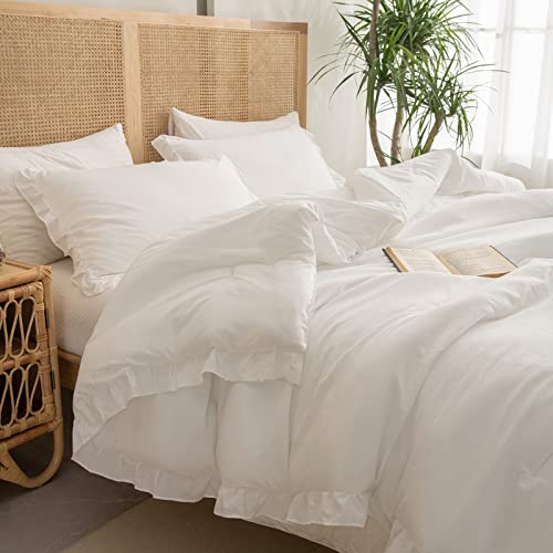 Merryword White Boho Comforter Set Queen White Ruffle Comforter Shabby Chic Ruffled Fringe Decor Soft Down Comforter Bedding Set 3Pcs 1 Comforter 2 Pillow Shams (Queen, White) #TOP2